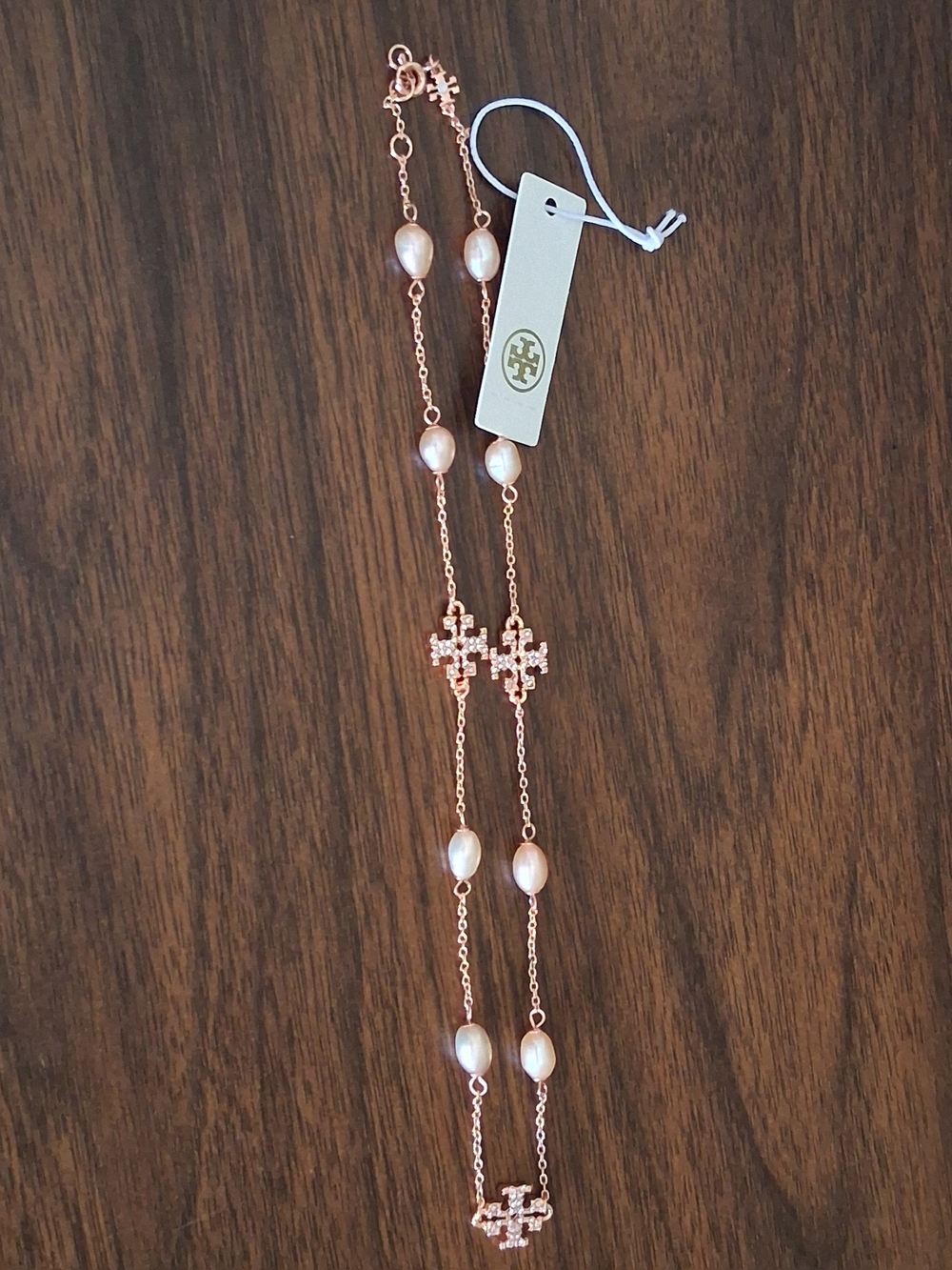 🌷Tory Burch Rose Gold Immitation Pearl And Crystal Pave Kira Logo Necklace NWT